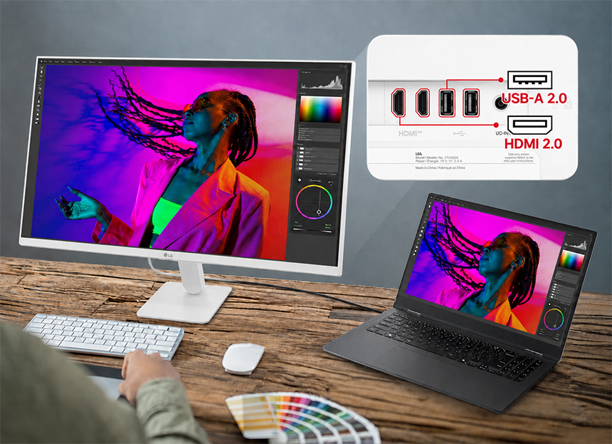HDMI 2.0과 USB-A 2.0 포트를 갖춘 모니터 연결성 연출 이미지